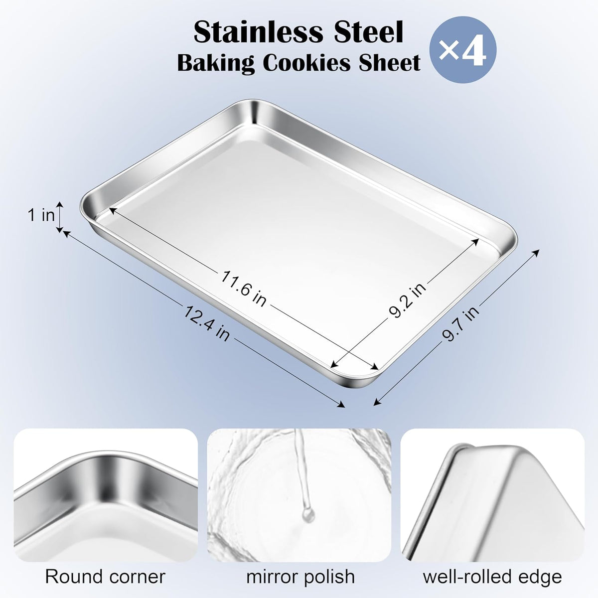 E-far Stainless Steel Baking Sheets Set of 4, 12.4” x9.7” Baking Cookie Sheets Pans for Oven, Non-toxic Metal Trays for Cake Cookies, Healthy & Rust Free, Mirror Finish & Dishwasher Safe