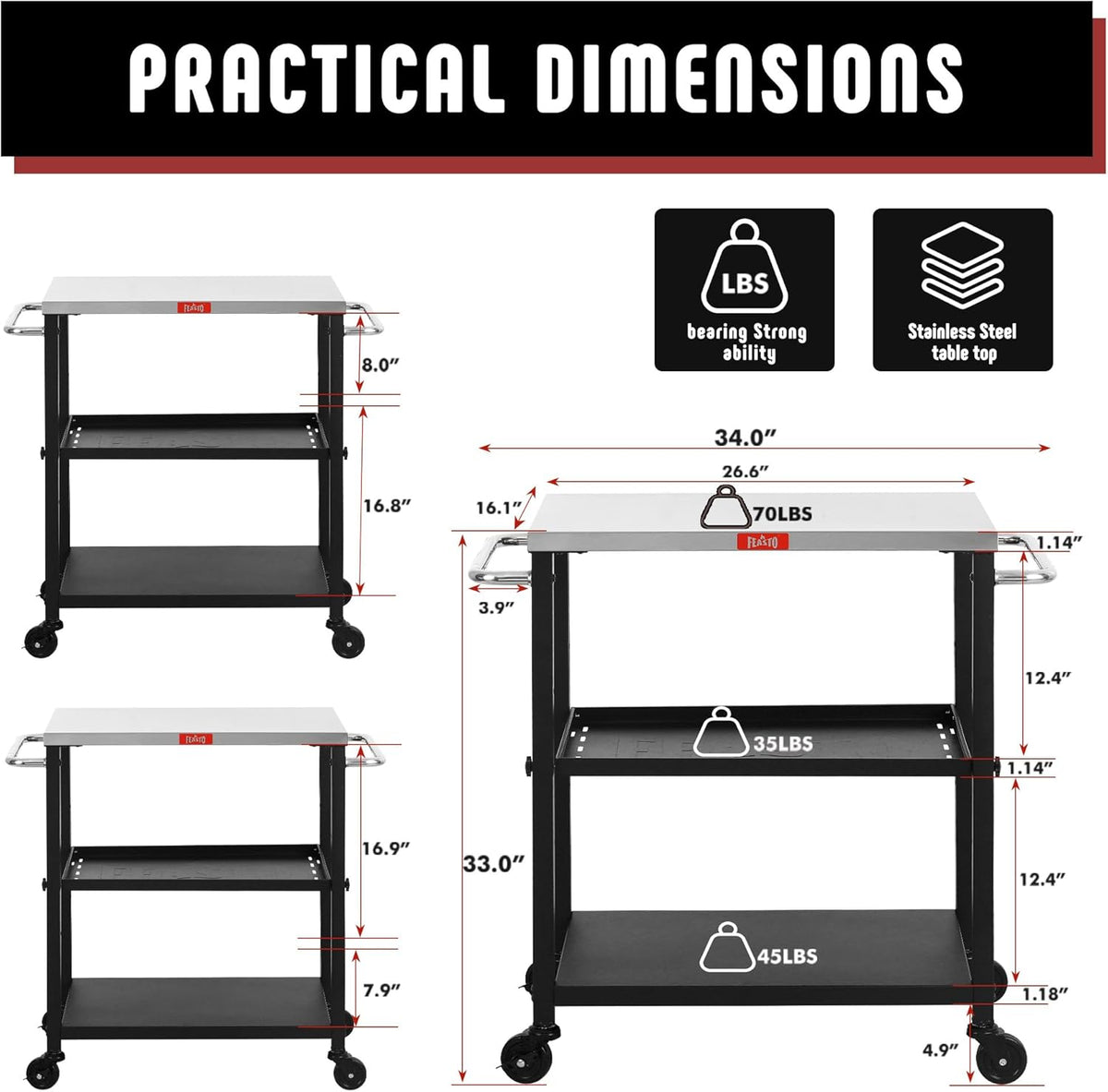 3-Shelf Grill Table,Pizza Oven Stand with Adjustable Shelf, Movable Grill Cart, for Outside,Outdoor Bar Cart with Wheels,Stainless Steel Tabletop,L34xW16.1