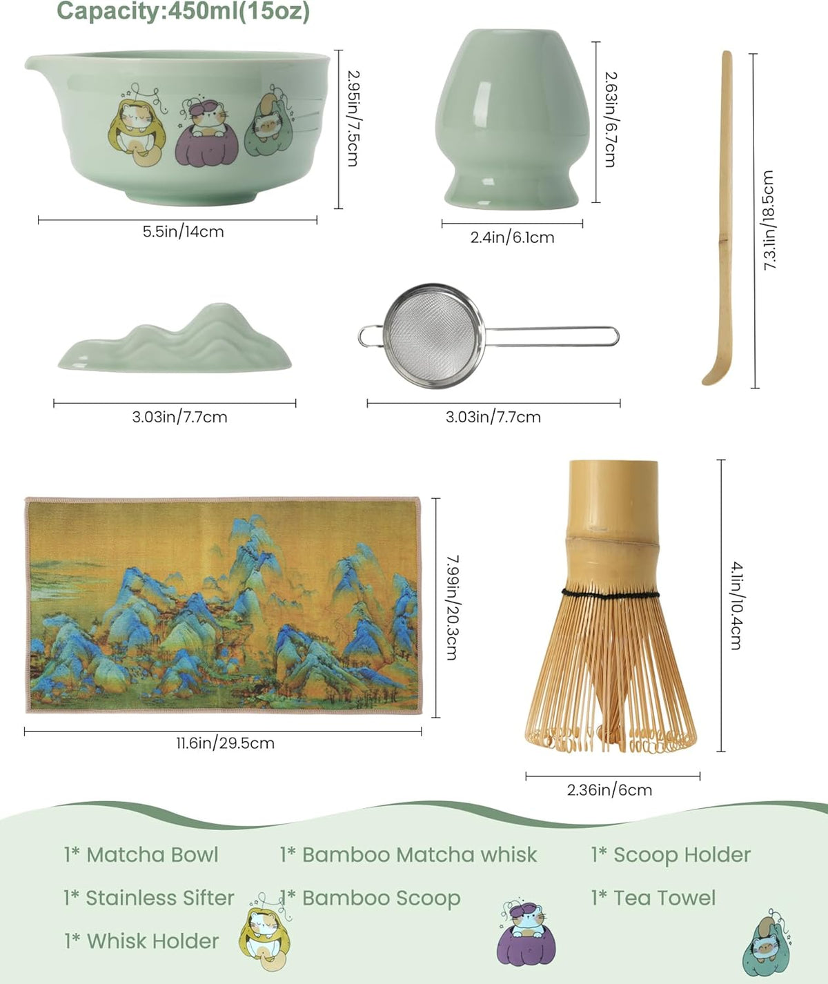 Matcha Whisk Set, 7 Pcs Japanese Matcha Kit with Ceramic Cat Print Bowl-430ml/15oz, Bamboo Whisk & Holder, Scoop, Scoop Rest, Sifter & Tea Towel, Complete Matcha Tea Set for Beginners-Green