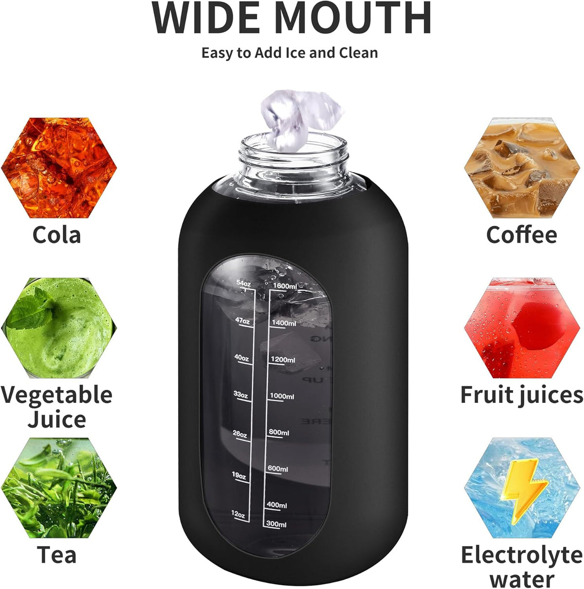 CIVAGO 40 oz Glass Water Bottle with Straw and Handle, Large Sports Motivational Water Bottle Flask with Time Marker and 2 Lids, Leakproof Water Jug Canteen with Silicone Sleeve for Gym,Black