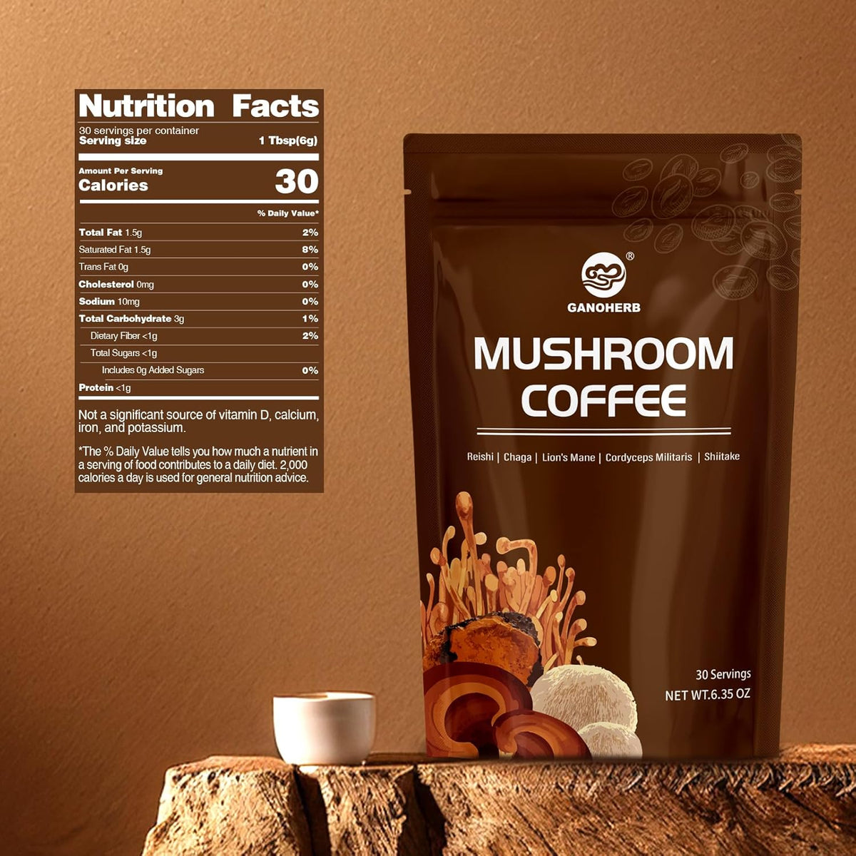 GANOHERB Instant Mushroom Coffee Powder, Arabica Coffee Mix with 5 Adaptogen Mushrooms, Lions Mane, Reishi, Chaga, Cordyceps, Shiitake and MCT Oil for Energy and Focus, 6.35oz, 30 Servings