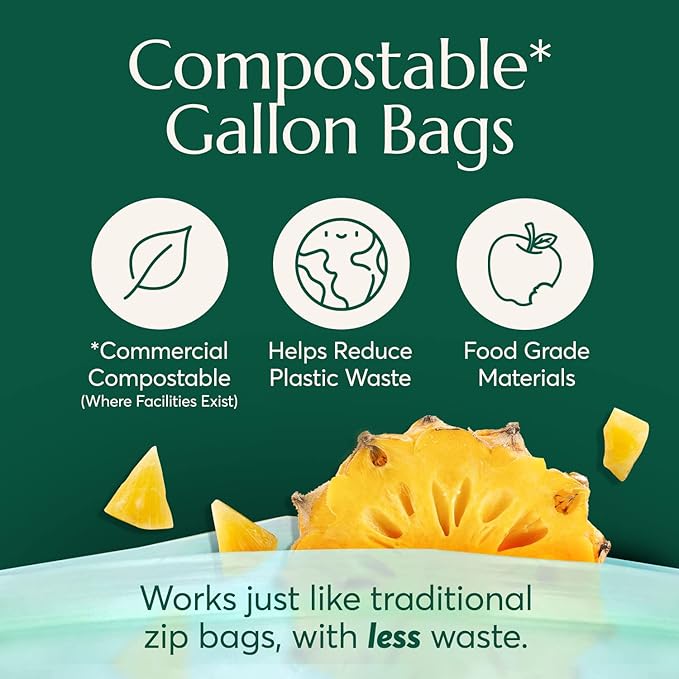 Cleanomic Compostable* Gallon Size Food Storage Bags (25 Eco Zip) Freezer and Leak Proof, Also Available Quart, Snack and Sandwich Bags