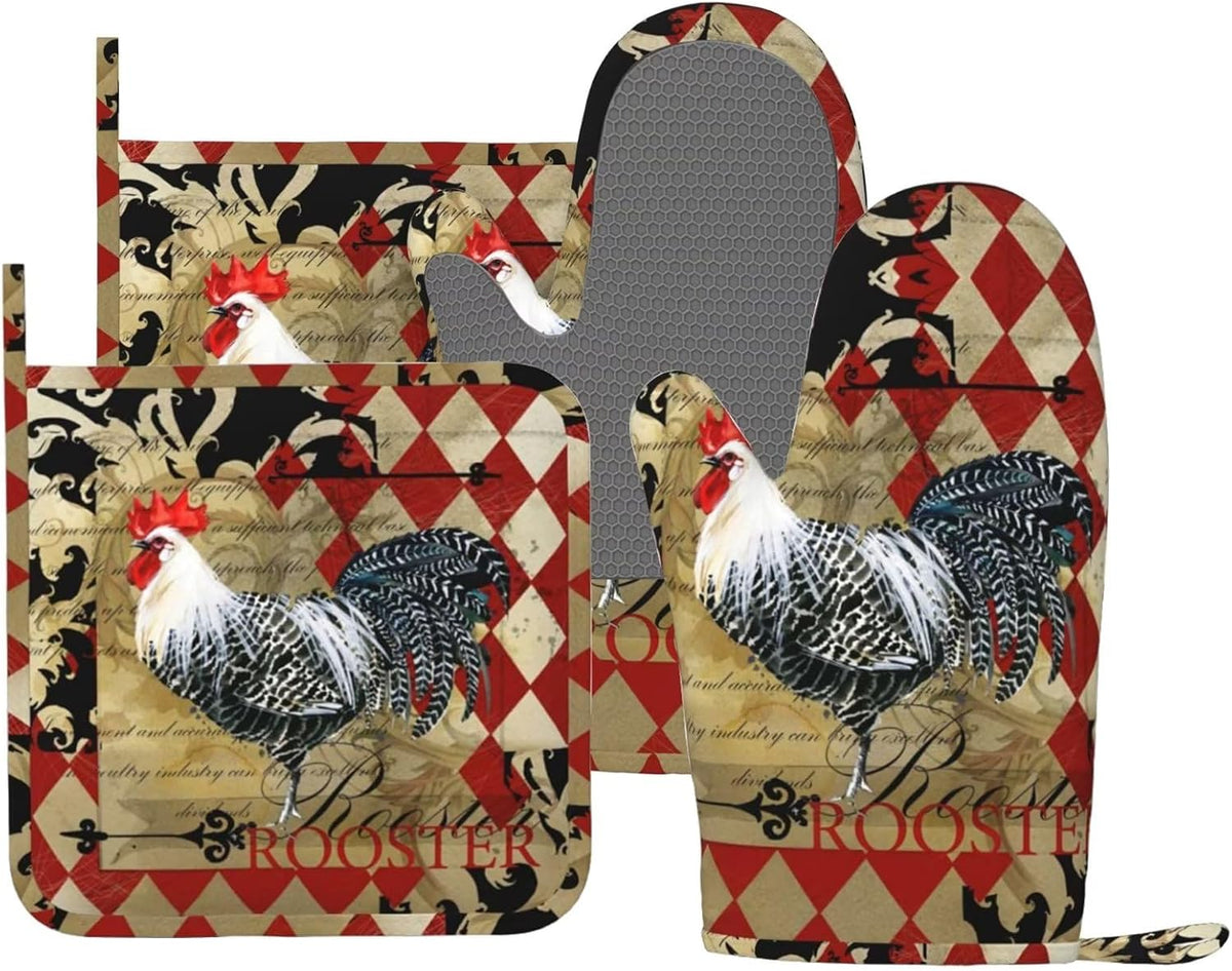 Rooster Print Oven Mitts and Pot Holders Sets Silicone Rooster Kitchen Mitts Potholders Heat Resistant 4Pcs Oven Gloves Hot Pads for Kitchen Baking Cooking BBQ Grilling