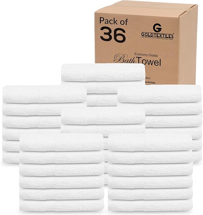 GOLD TEXTILES 36 Pack White Small Bath Towels 20x40 Inches - Cotton Blend Economy Cheap Bulk Bath Towels for Commercial Uses, Gym, Salon, Spa & Hair - Lightweight Quick Drying (36 White)
