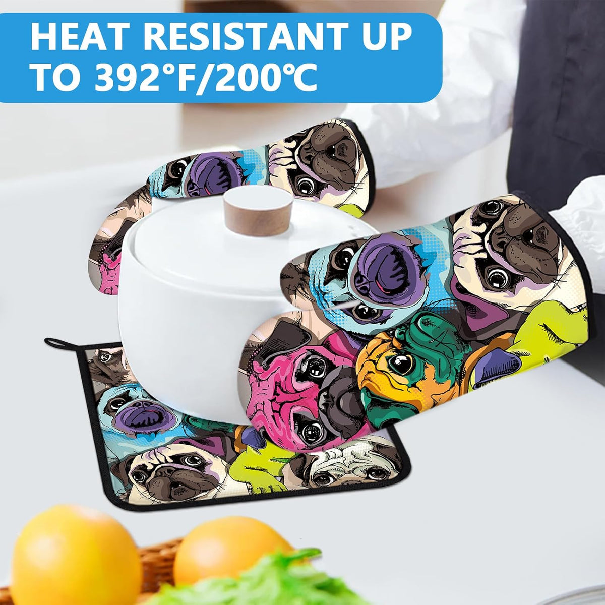 Colorful Pug Dog Face Oven Mitts and Pot Holders Sets Heat Resistant 4Pcs Potholders Oven Gloves Hot Pads for Kitchen Baking Cooking Grilling BBQ