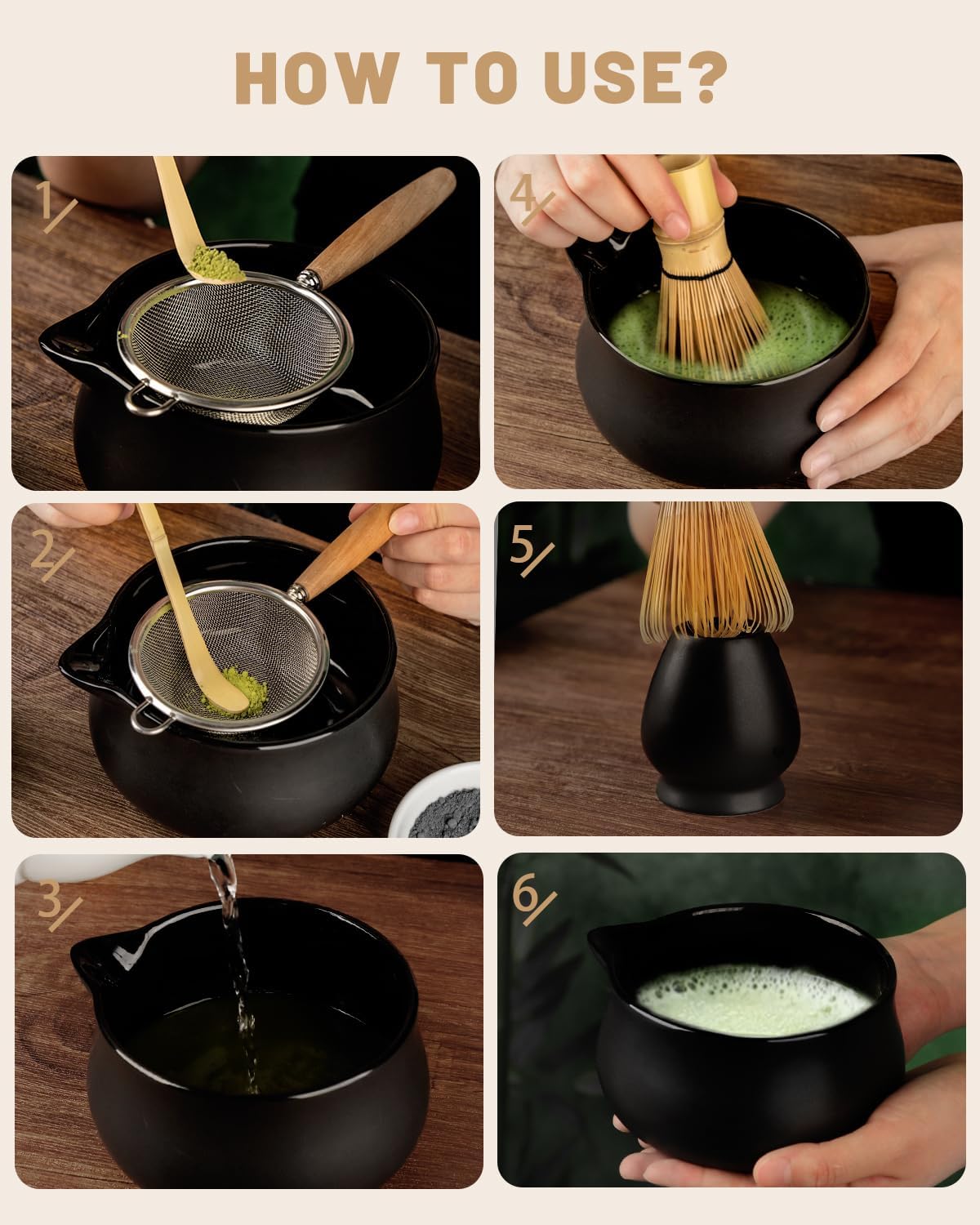 Nucookery Matcha Set - 5PCS Matcha Whisk Set, 18OZ Matcha Bowl (Chawan) with Spout, Matcha Whisk (Chasen) and Holder, Bamboo Matcha Scoop and Sifter, Matcha Kit/Tools/Accessories for Tea Ceremony