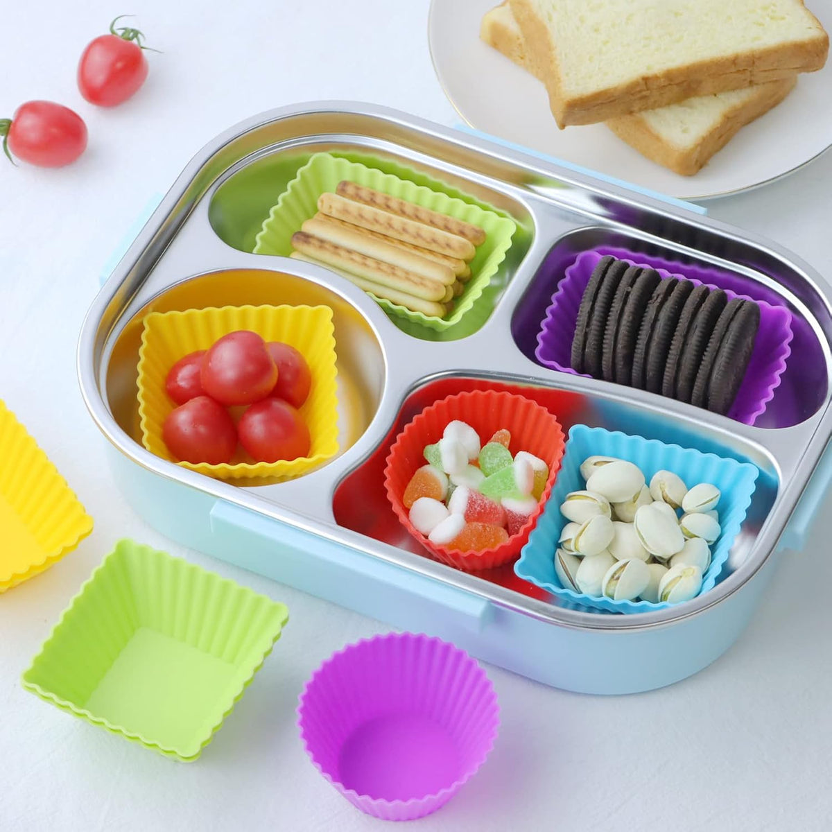 36-Pack Silicone Cupcake Liners, Reusable Muffin Cups – Round, Square & Rectangle Baking Cups, Non-Stick, Easy to Clean, Bento Box Accessories, Lunch Box Dividers for Kids(36 Liners + 20 Animal Picks)