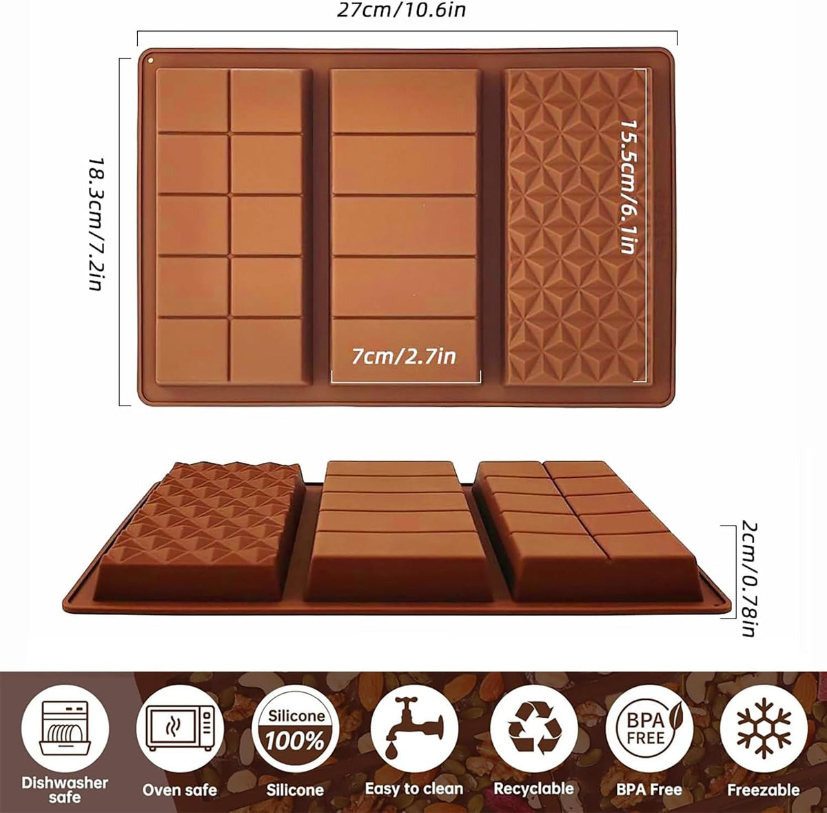 Chocolate Bar Mold, Food Grade Deep Large Silicone Chocolate Molds for Dubai Chocolate Bar Pistachio Chocolate Stuffed Bar Candy Knafeh Kit