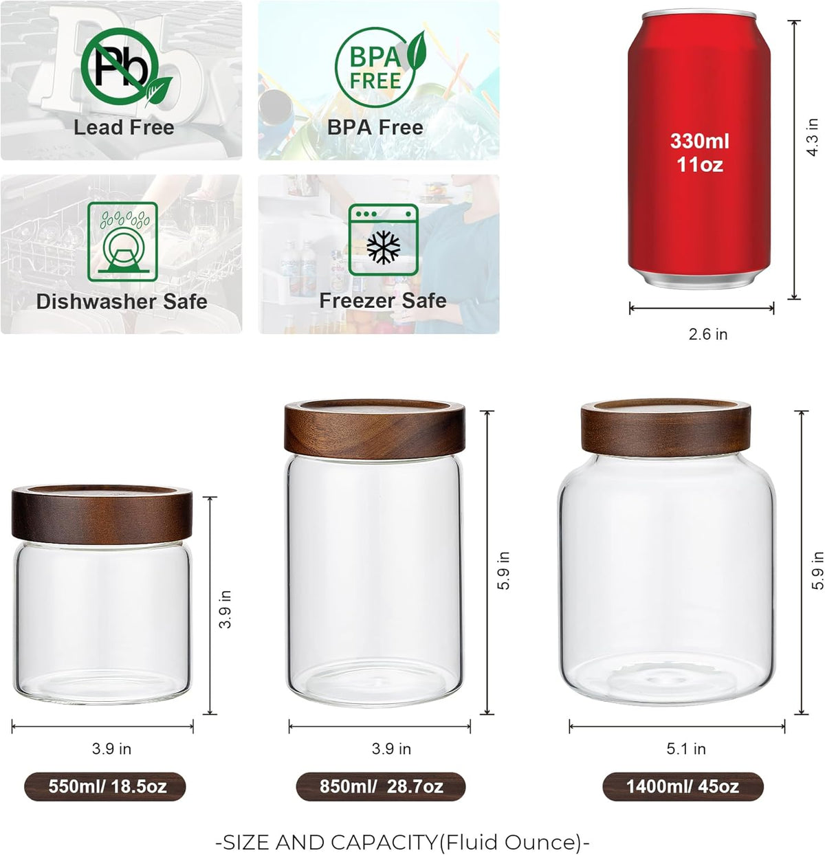 1PC Small Glass Storage Jars with Airtight Lids, 18 fl oz (550ml) coffee container with Wooden Lid, Glass Pantry Canister for Beans, Rice, Sugar and etc