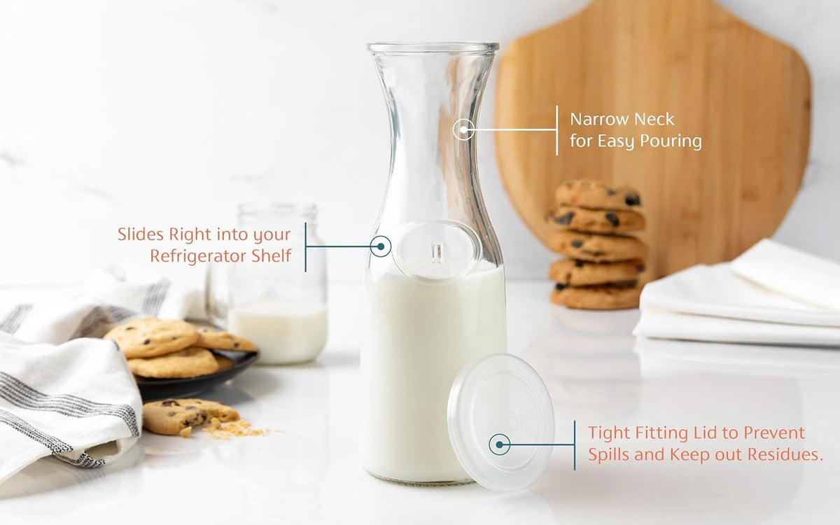 Kook Glass Carafe, Mimosa Bar Supplies, Carafe Pitchers with Lid, Glass Water Pitcher, Drink Dispensers for Parties, Tea, Wine, and Juice, Plastic Lids, Dishwasher Safe, 35 oz (set of 4)