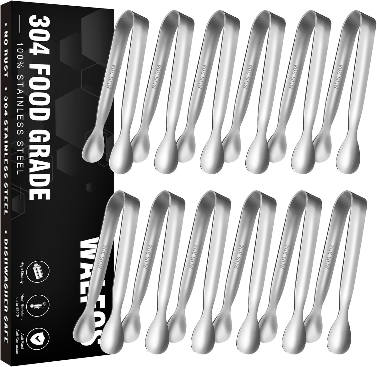 Walfos Mini Tongs for Serving Food, Small Stainless Steel Kitchen Tongs for Appetizers, Sugar, Desserts, Tea Party, Coffee Bar, Set of 12 (Silver)