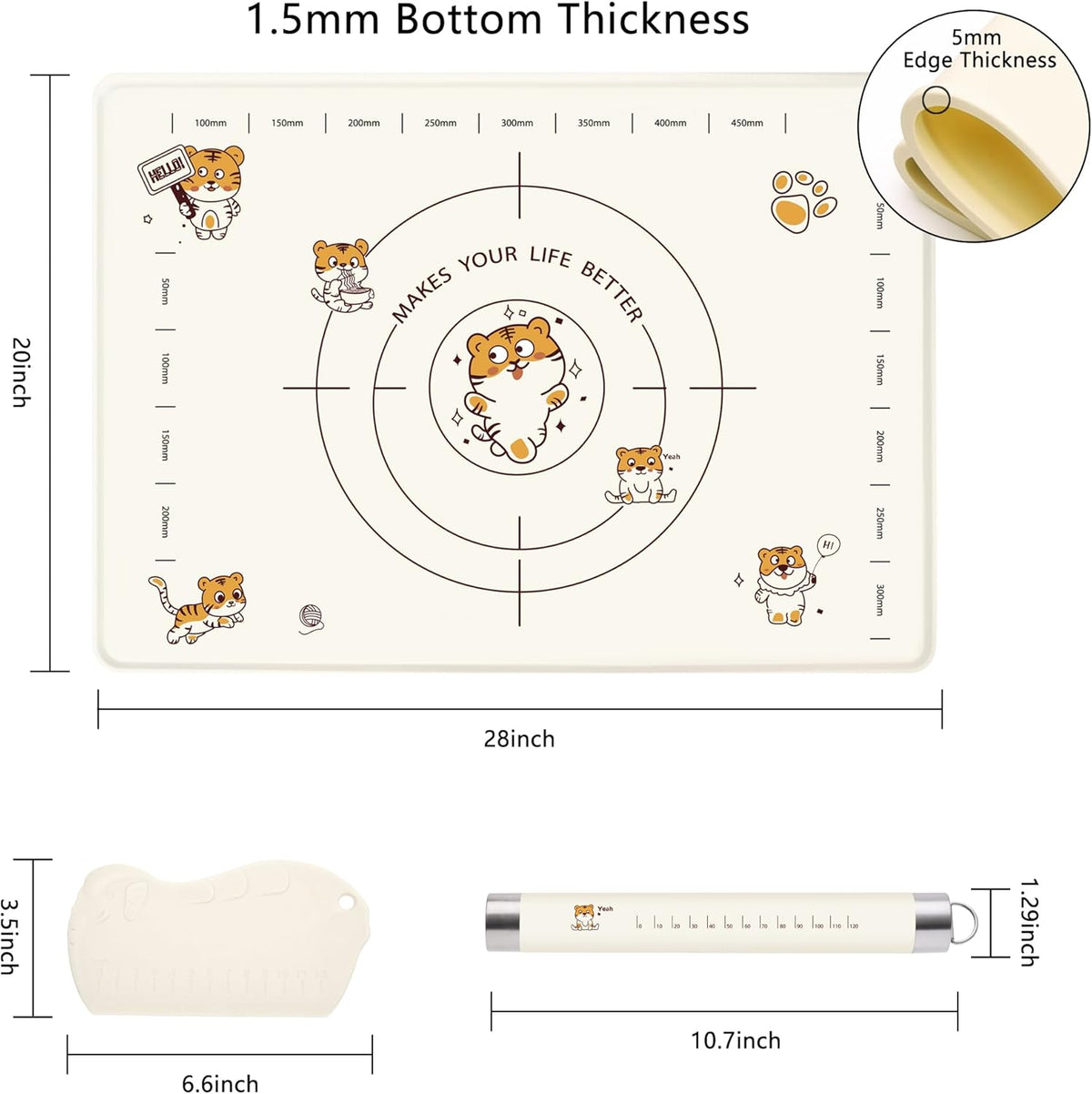 28x20 Inch Extra Thick Silicone Pastry Board, Silicone Baking Mat with Measurements, Non-slip Silicone Mat, Kneading Counter Mat, Non-Stick Dough Mat with Edge Heightening
