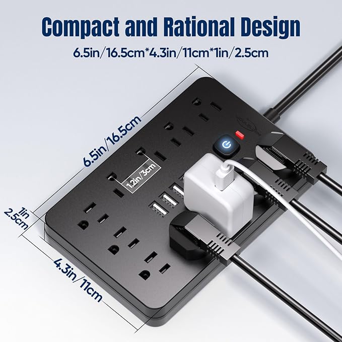 10 FT Flat Plug Surge Protector Power Strip,11 Multiple AC Outlets with 6 USB Ports (2 USB C), 10 Feet Extension Cord, 1250W/10A, One Touch Switch Button, 17 in 1 Compact powerstrip