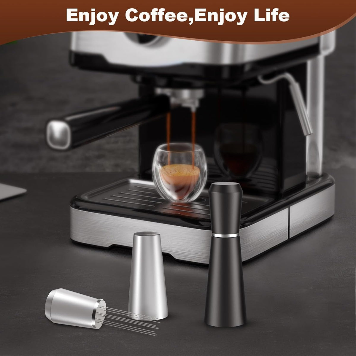 WDT Espresso Distribution Tool, 0.35mm 8 Needle Coffee Stirrer with 8 Extra Needles, 304 Stainless Steel, Aluminum Alloy Handle with Stand, Barista Espresso Whisk Tool (Metal Black)