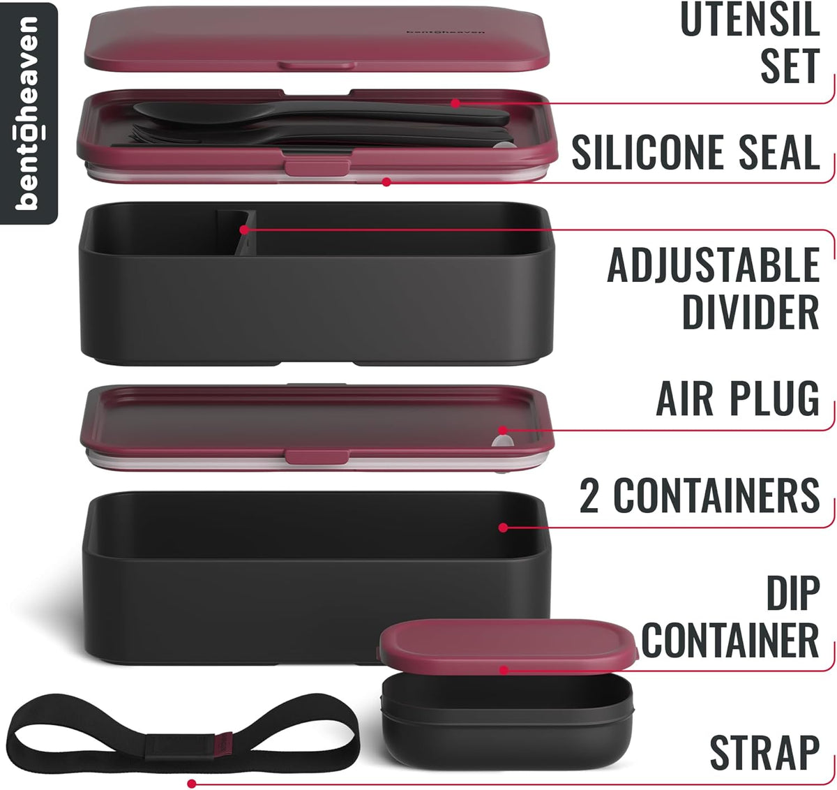 Bentoheaven Premium Bento Box Adult Lunch Box with Compartments for Women & Men, Set of Utensil & Chopsticks & Dip Container, Cute Japanese Kids Bento Lunch Box, Microwavable (Very Berry)