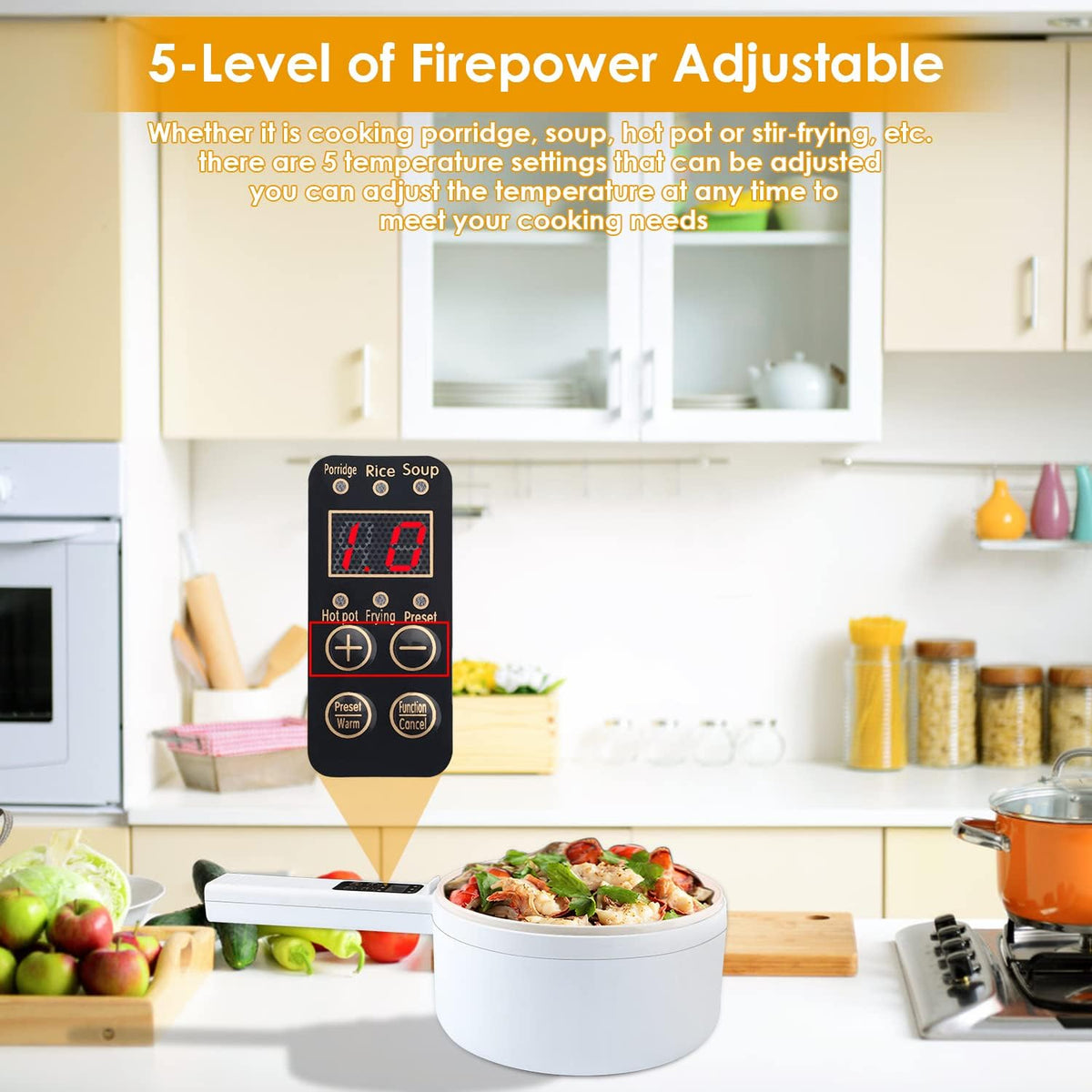 Electric Hot Pot,1.8L Electric Cooker Steamer, Multifunctional Non-stick Pan,Suitable For Ramen, Steak, Egg,Rice, Oatmeal, Soup Smart Button, Gold