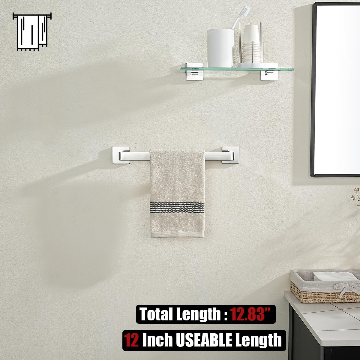 JQK Polished Towel Bar, Rounded Edges 14.41 Inch Towel Rack, 304 Stainless Steel Bathroom Wall Mount, Useable Length 12 Inch, TB250L12-CH