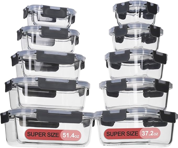 Glass Food Storage Containers with Lids Airtight, Glass Meal Prep Containers for Lunch, Glass Container Set, BPA Free（20 Pieces）