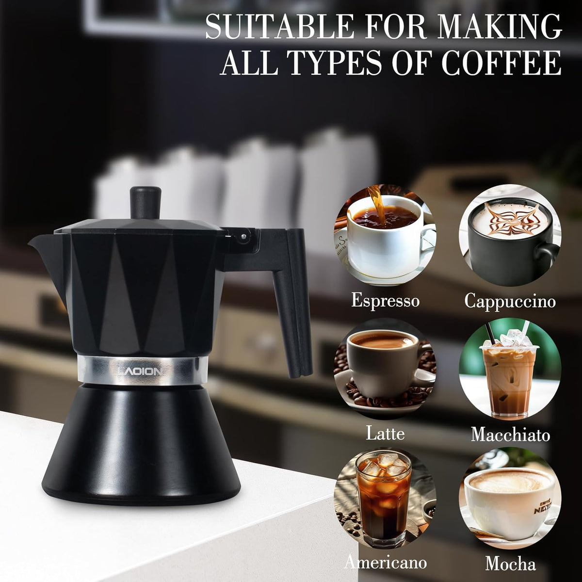 Moka Pot, 6-Cup Espresso Maker, 300ml Portable Stovetop Espresso Maker, Percolator Coffee Pot Compatible with Induction Cooktops, Suitable for Home and Camping (Black)