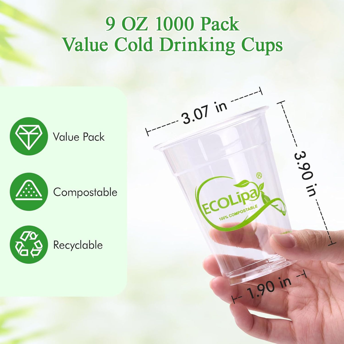 ECOLipak 1000 Count 9 OZ Clear Compostable Plastic Cups, Disposable Plant-Based Biodegradable Drinking Party Cups, PLA Plastic Cold Tumblers for Restaurant, Office, Canteen, Large Gathering