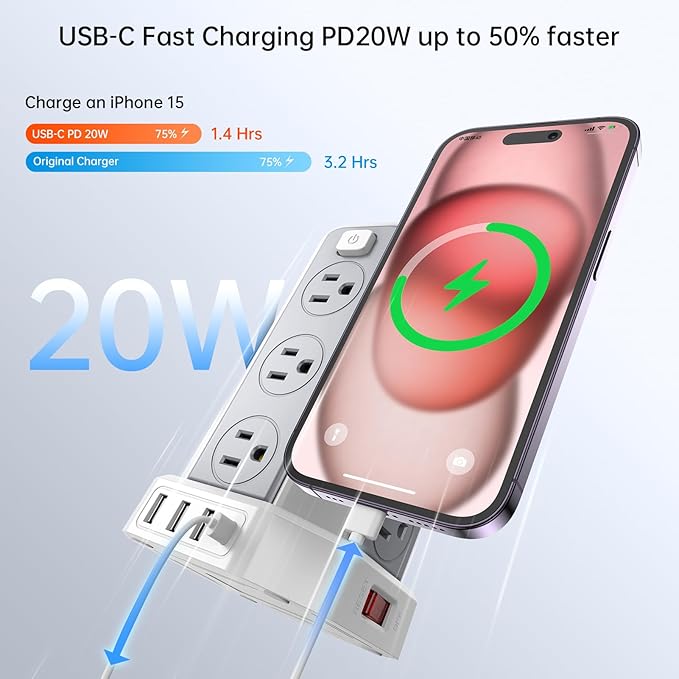 Power Strip Surge Protector, 10 Ft Extension Cord with 12 AC Multiple Outlets 4 USB (1 USB C), SMALLRT Power Tower Desktop Charging Station (White, 10 FT PD20W)