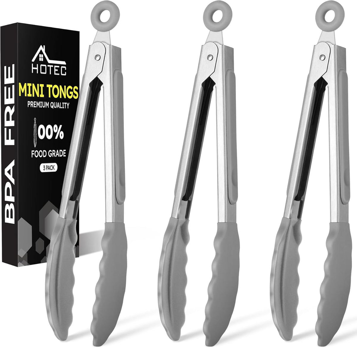 Hotec Mini Silicone Kitchen Tongs for Cooking - 7-Inch Small Serving Tongs with Silicone Tips, Set of 3 (Grey)