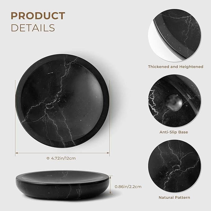 WORHE Marble Soap Dish Italy Natural Stone Sponge Holder for Bathroom Tub Shower Kitchen Sink, Handcraft Round Soap Case Organizer Trinket Plate Jewelry Tray Coaster for Home Decor Black (DL007)