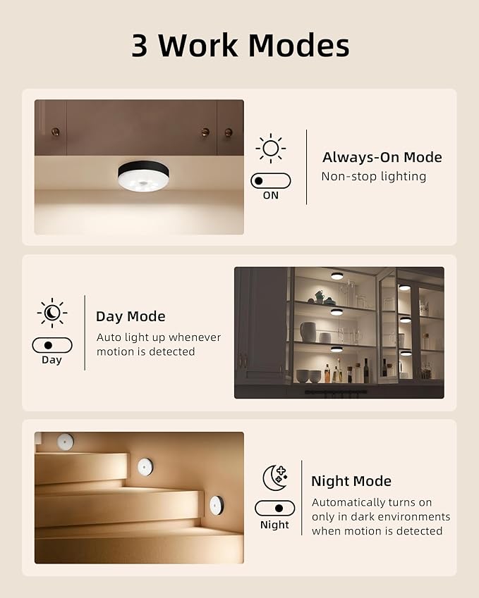 EZVALO Under Cabinet Lighting,1000mAh Rechargeable Puck Lights with Remote,3 Color Temps & 12 RGB Motion Sensor Closet Lights Indoor, Dimmable Under Counter Lights for Kitchen, Shelf Black (6 Packs)