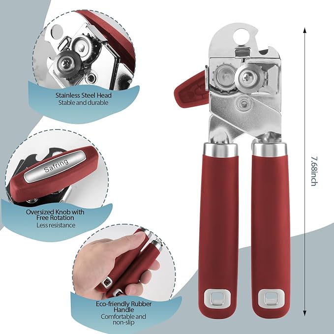 Can Opener Manual, Heavy Duty Handheld Strong Can Opener with Soft Touch Handle, Sharp Blade Smooth Edge, Can Openers with Multifunctional Bottle Opener, Red