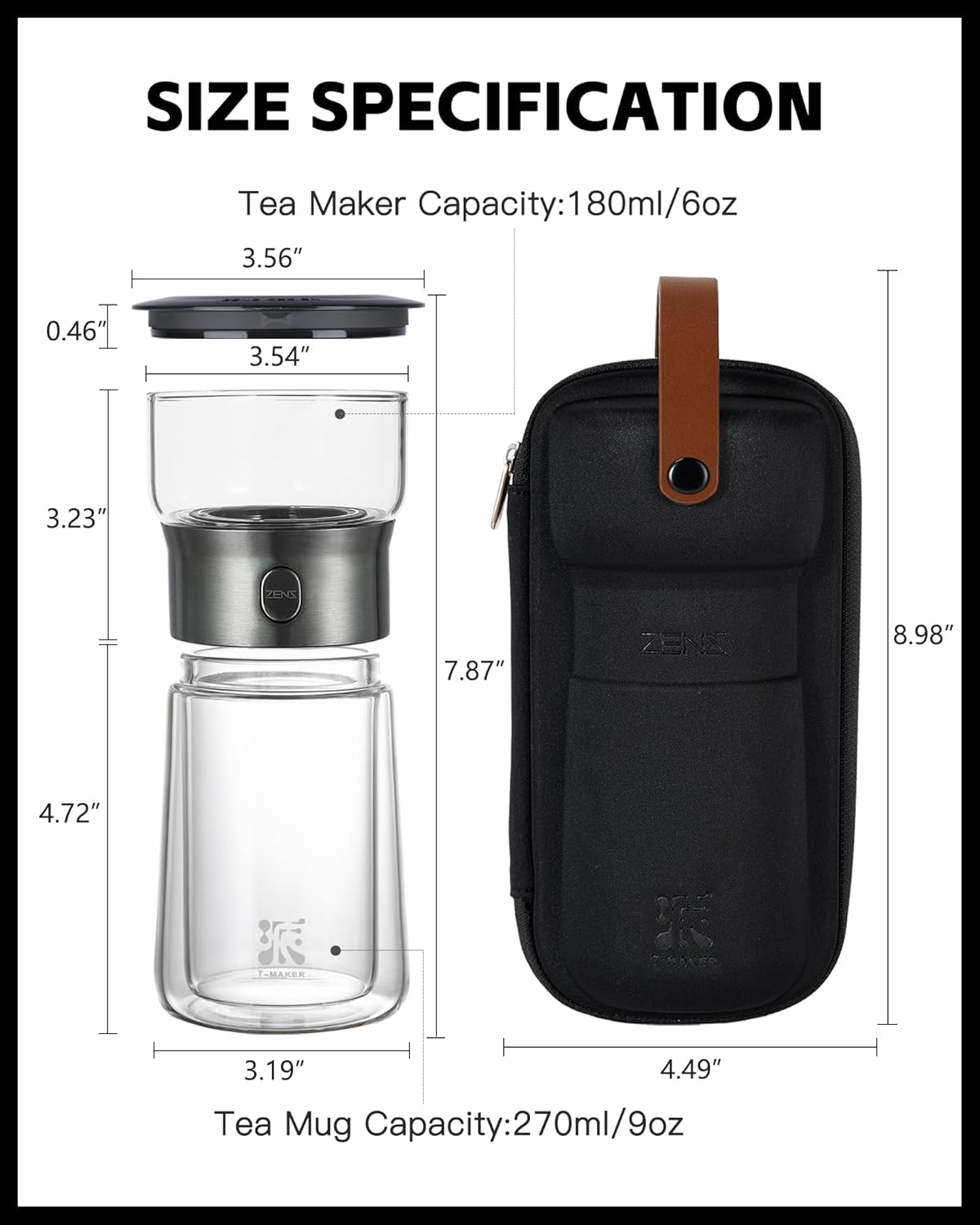 ZENS Modern Glass Tea Infuser Teapot, Smart One Touch Tea Maker for Loose Tea Diffusers with Insulated Mug and Portable Tea Kits, Cool Gongfu Tea Pot for Black Tea Lover Gifts