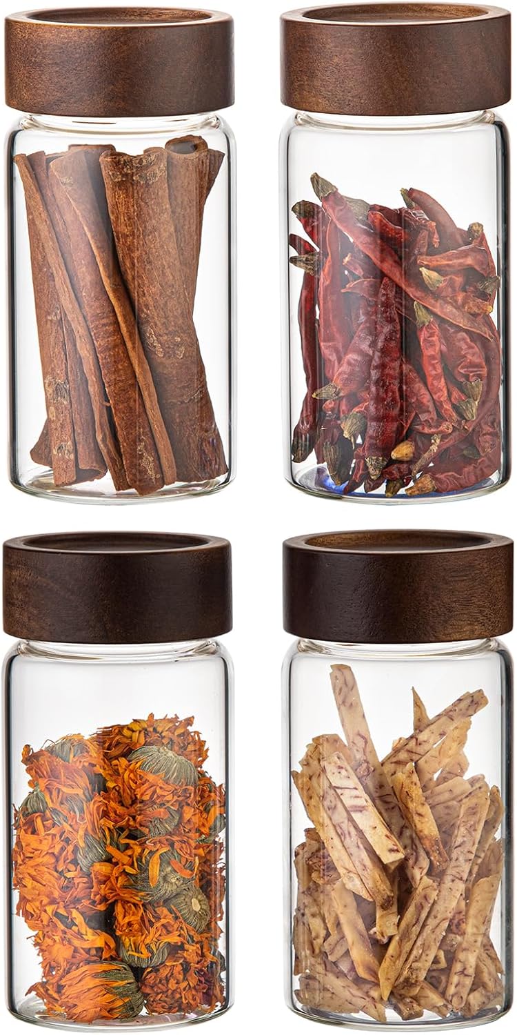 Large Glass Coffee Jars, Round Storage Canister with Wooden Lid Clear Glass Food Jar for Pantry Sugar Tea Coffee Bean Spice Nuts Cookies Bath Salts (4×250ml(8.4oz))