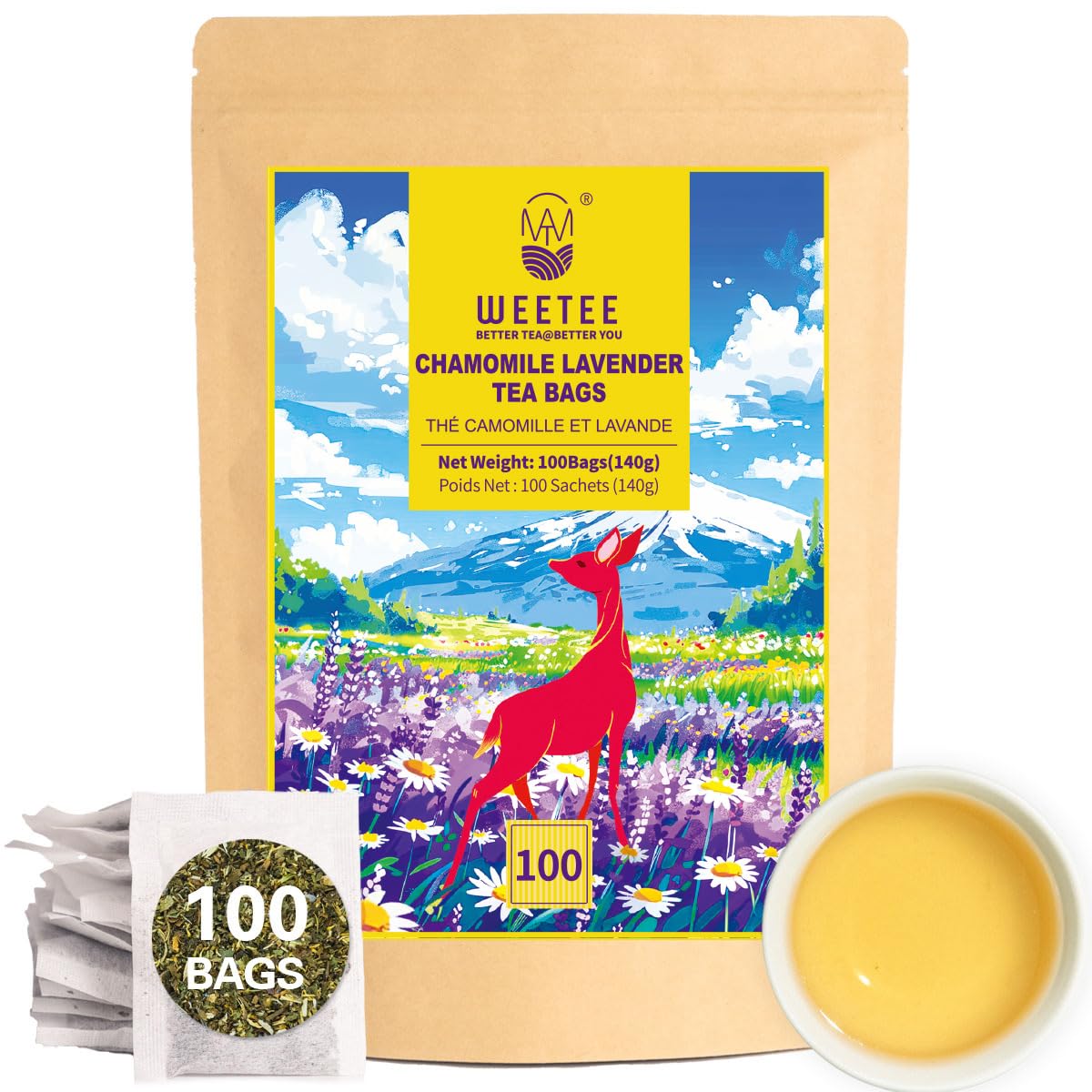 WT WEETEE Chamomile Lavender Tea Bags 100 Count, Nighty & Relax, 100% Pure Chamomile, Lavender Flowers & Lemon Balm Blend, Natural Caffeine-free Herbal Tea Ideal for Bedtime