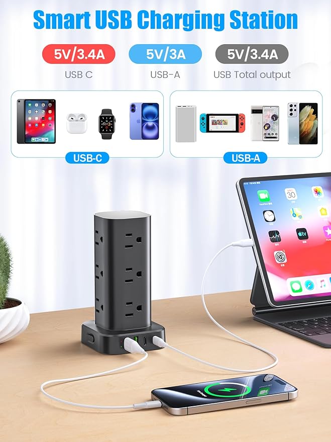 Flat Plug Power Strip Tower Surge Protector, 10FT Flat Extension Cord with Multiple Outlets, 12 AC Outlets, 4 USB Ports (2 USB C) Charging Station for Office Home Dorm Room Travel (Black)