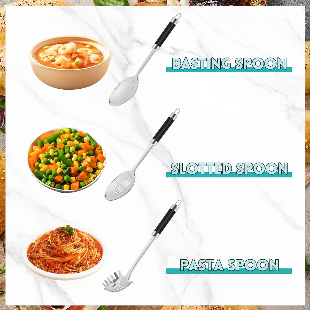 3-Piece,Stainless Steel Serving spoons set with Slotted Spoon, Serving Spoon and Spaghetti Spoon, kitchen cooking serving utensils set cooking spoon.