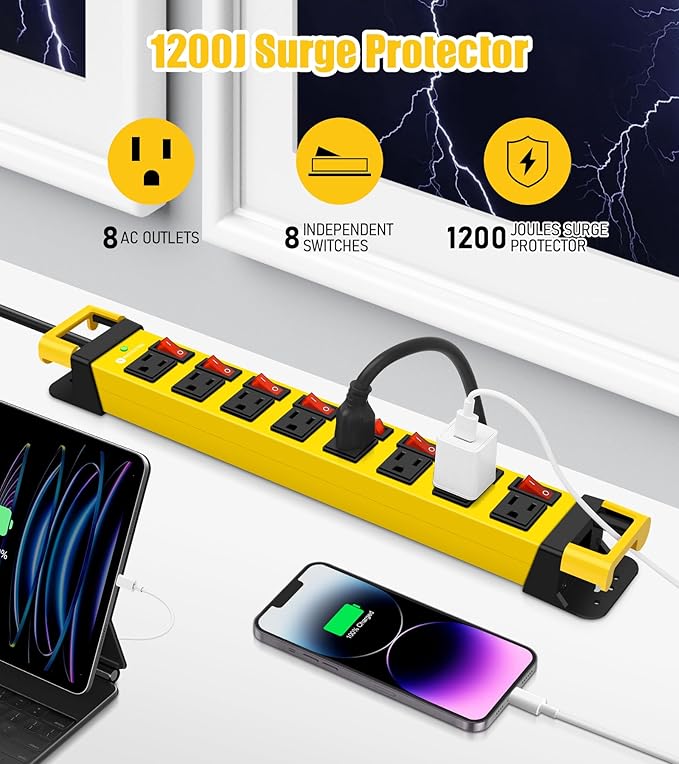 Heavy Duty Power Strip with Individual Switches,8 Outlets 14 Gauge Industrial Shop Garage Metal Multiple Outlets,1200J Surge Protector Mountable Power Strip,15FT Extension Cord Management (Yellow)