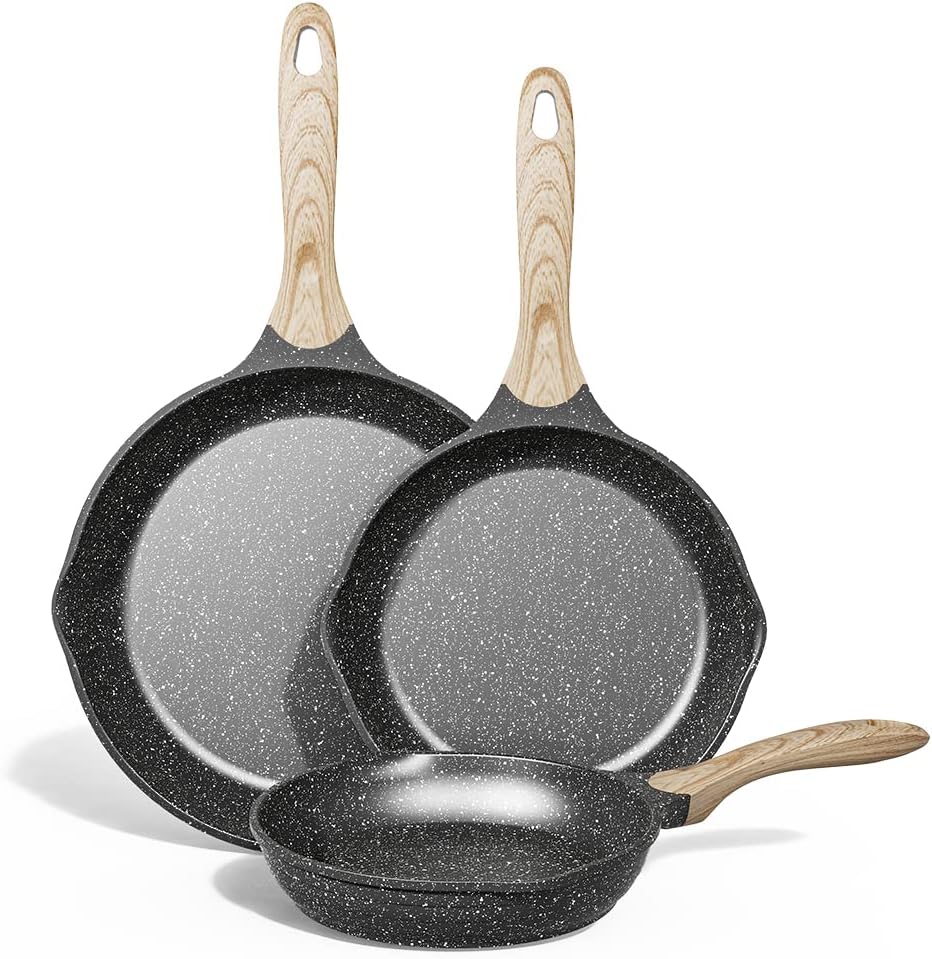 JEETEE Nonstick Frying Pans Set, Nonstick Omelette Skillet Set 3 Pcs, 8" 9.5" 11" Granite Non-Stick Frying pan with Bakelite Handle, Compatible with All Stovetops (Gas, Electric & Induction), Grey