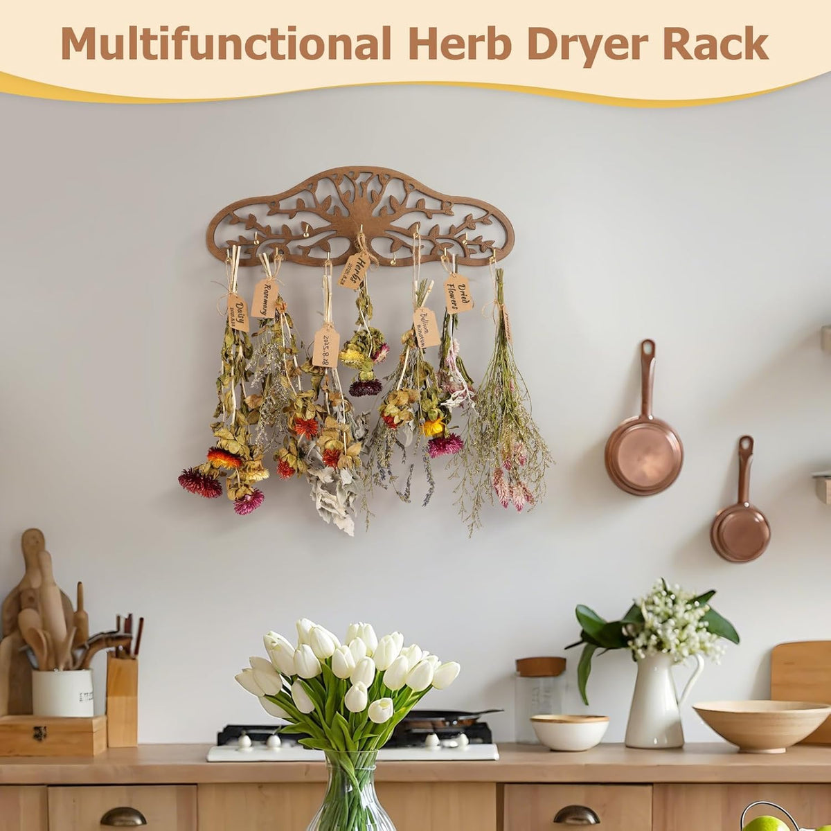 Liitrton Herb Drying Rack Hanging, Wall-mounted Drying Rack for Herbs, Wooden Tree Decor Design, Holds 11 Hooks with Rope and Kraft Labels, Space-saving Plant Herb Flower Dryer, Wall Art Decor