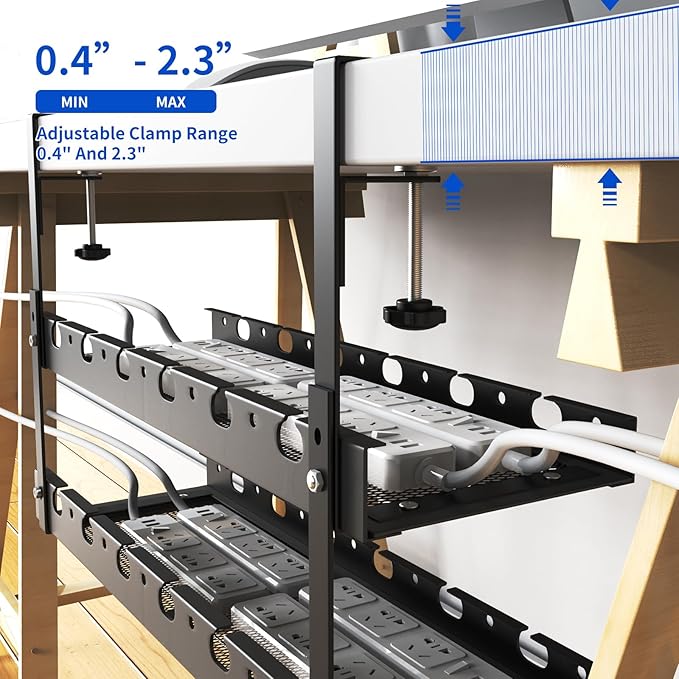 31Inch Extendable Under Desk Cable Management Tray Multi-Model Metal Cable Management Tray Under Desk Cord Management with Clamp Power Strip Cord Holder for Wire Cable Management, Black