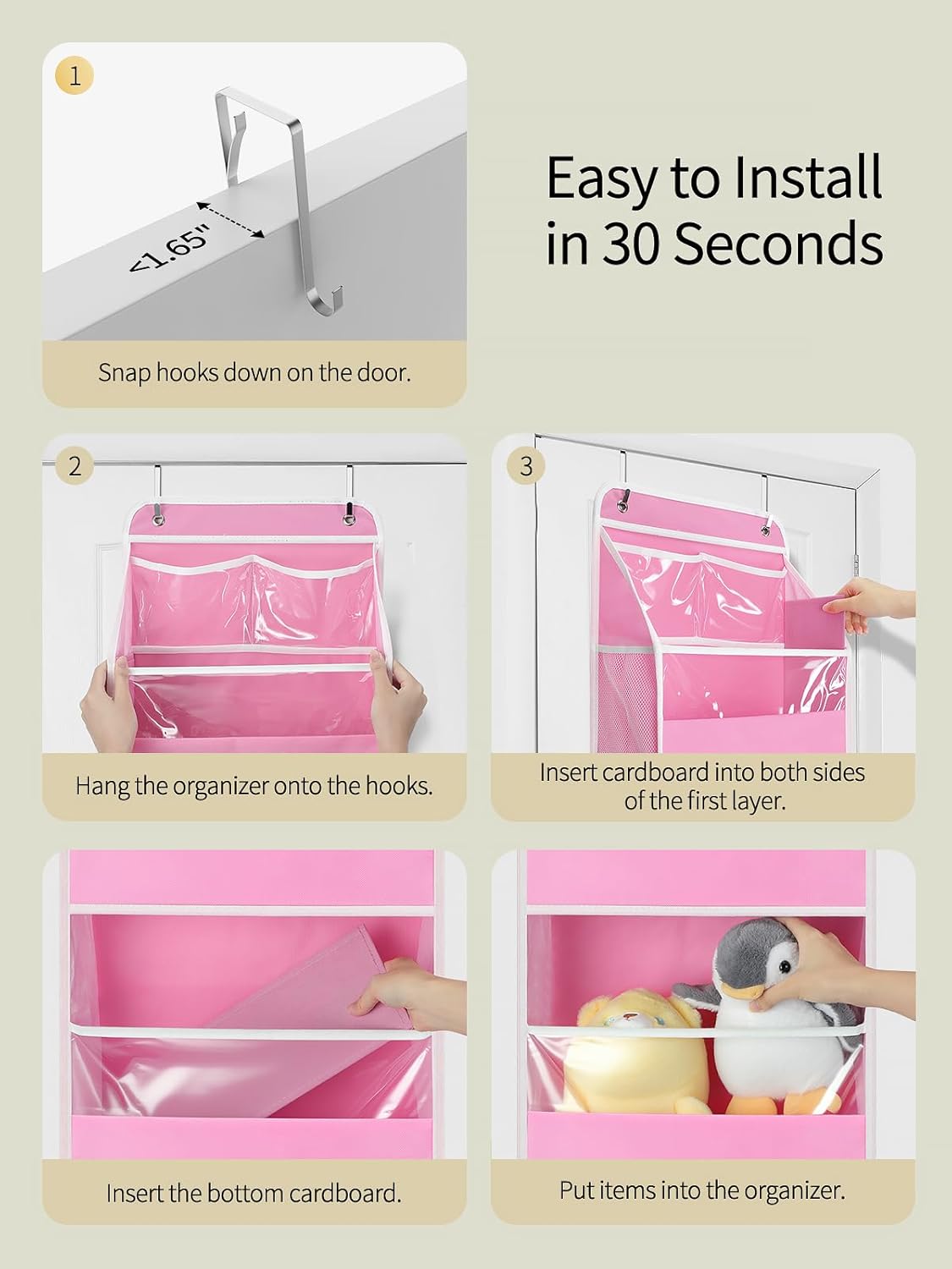 Yecaye 5 Tier 2Pc Over the Door Organizer, Swing-proof Door Organizer Hanging with Clear PVC Windows, Behind the Door Storage for Bedroom Nursery Closet Laundry Pantry Bathroom, Bubblegum Pink