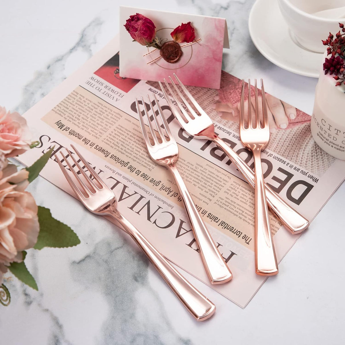 Liacere 200 Pack Rose Gold Disposable Forks - 7.4 Inch Heavy Duty Plastic - Rose Gold Silverware for Catering, Parties, Dinners, Weddings & Mother's Day