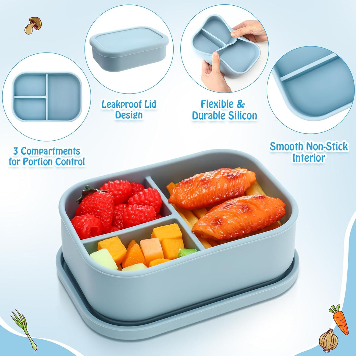 Honeydak 4 Pcs Silicone Bento Lunch Box 3 Compartment Reusable Leakproof Silicone Bento Lunch Container for Adults Microwave Dishwasher Freezer Safe(Blue)