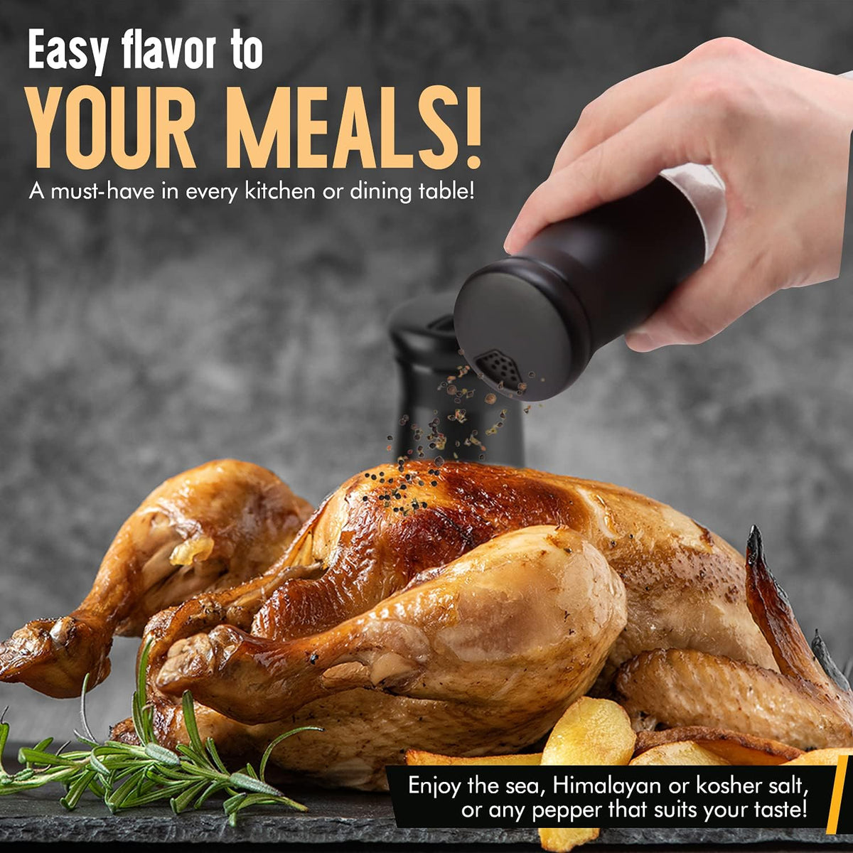 The Original Salt and Pepper Shakers set - Black -Spice Dispenser with Adjustable Pour Holes - Stainless Steel & Glass - Set of 2 Bottles