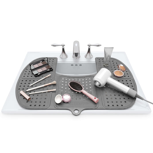 Sink Topper Bathroom Counter Cover & Storage Saver, Foldable Silicone Mat for Hot Tools, Hair Styling & Makeup, Beauty Brush Cleaning Mat, RV Camper Sink Cover & for Small Spaces (Large Silver)