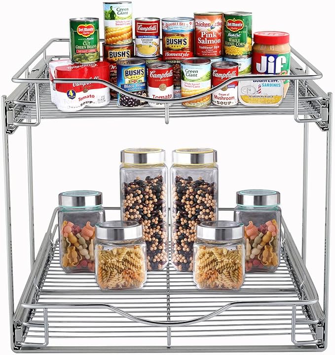 DINDON 2 Tier Pull Out Cabinet Organizer (11" W x 18" D) Heavy-Duty Metal Sliding Drawer Shelf, Two Tier Pull Out Shelves for Kitchen Cabinets, Pantry, Bathroom, Chrome Finish