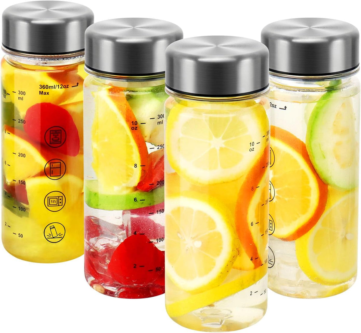 4 Pack Juice Bottles with Caps - Wide Mouth Resuable Clear Plastic Water Bottles for Juicing,Smoothie,Protein, Beverage,Storage Containers,BPA Free,Leakproof Stainless Steel Lid(12 Ounces)
