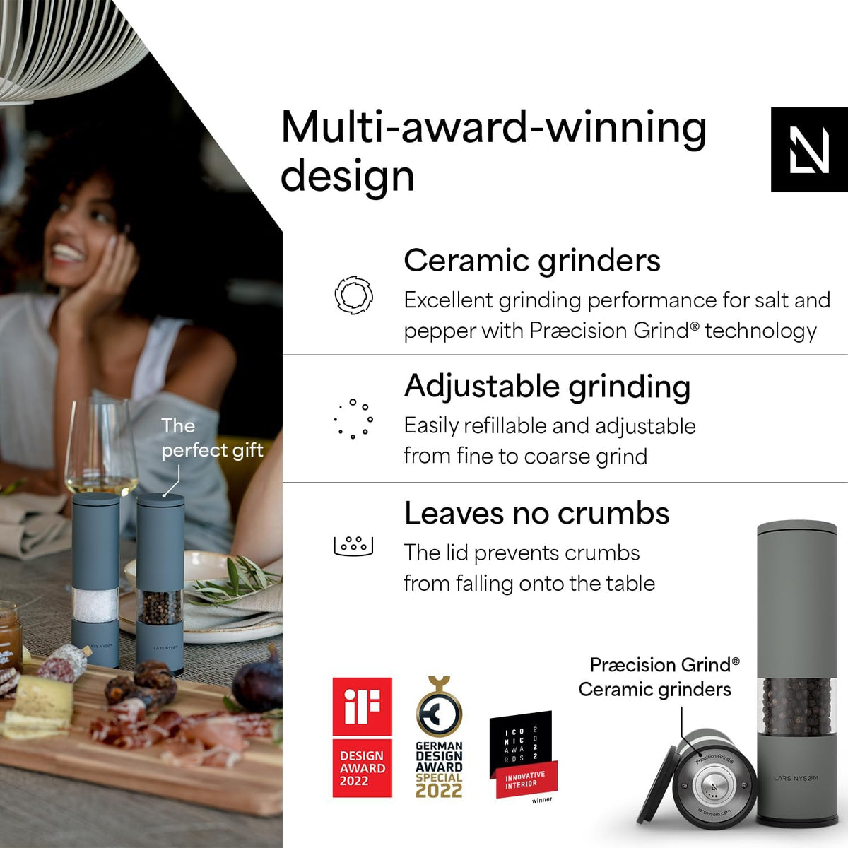 LARS NYSØM Salt and Pepper Grinder Set Manual, Stainless Steel Salt and Pepper Mills with Adjustable Ceramic Grinder I Design Spice Shakers (Ash Gray)