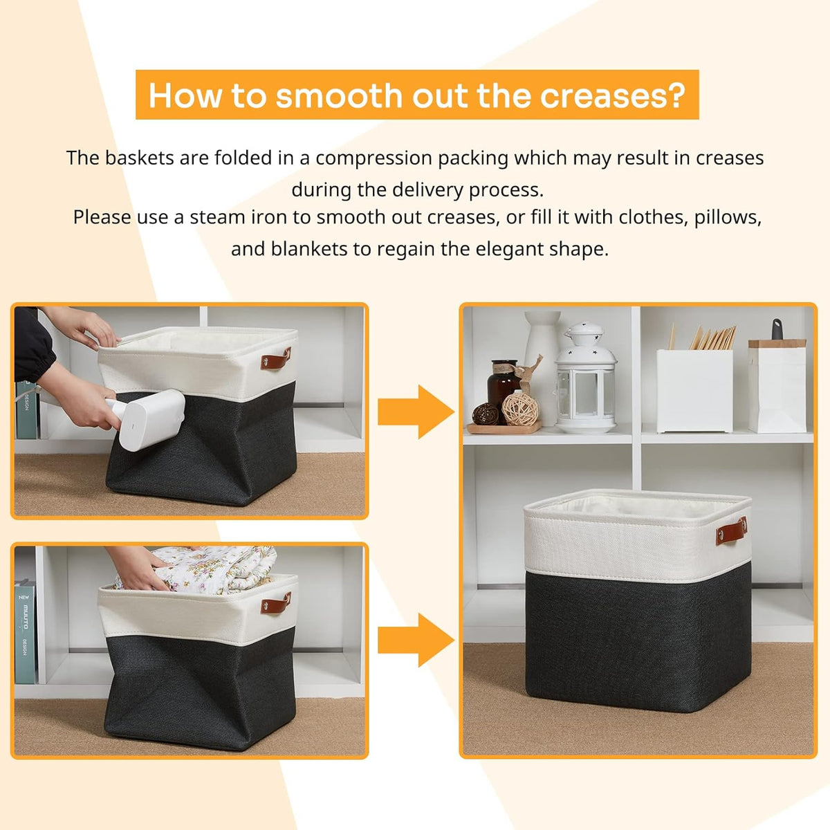 DULLEMELO Set Of 4 Cube Storage Bins, Fabric Storage Basket for Shelves Closet Nursery Toy Storage, 12 Inch Collapsible Fabric Bins for Toy Book Magazine Towel Organizers(4 Pack - 12" White&Black)