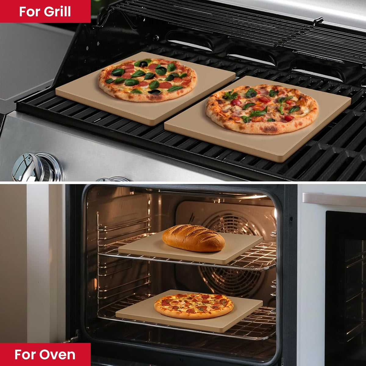 Unicook 2 PCS Pizza Stones Set, 12 Inch Square Pizza Stone for Oven and Grill, Cordierite Baking Pan for Crispy Crusts, Thermal Shock Resistant, Including Dough Scraper