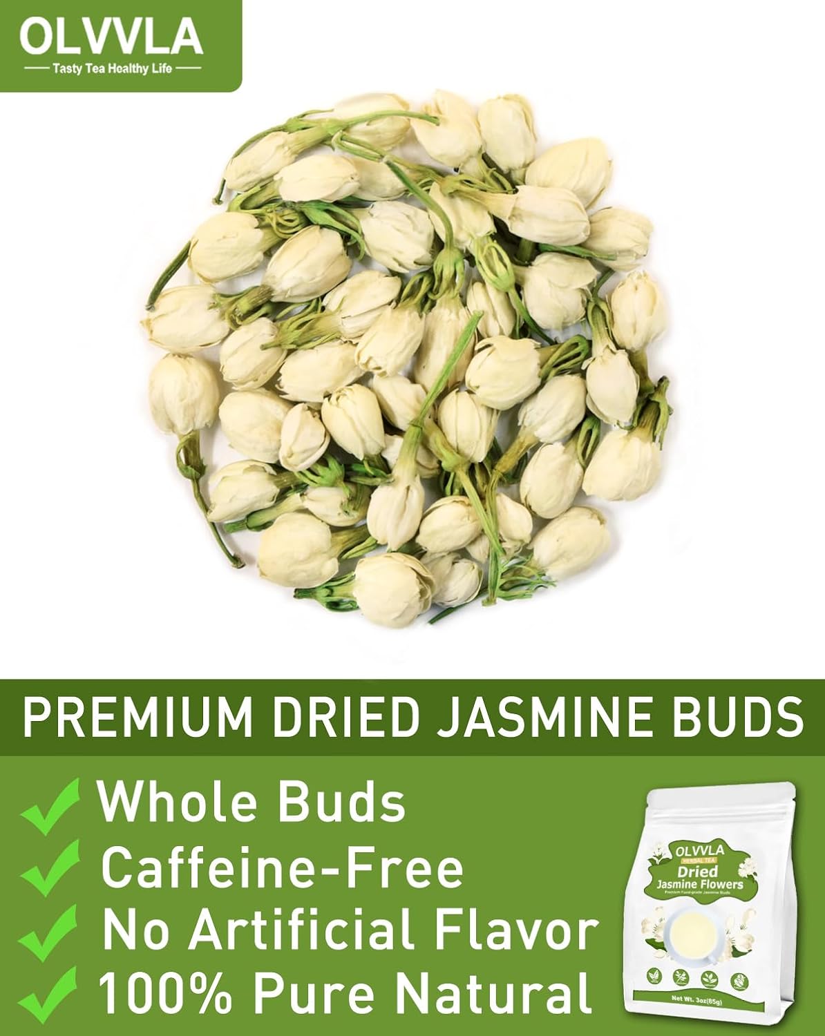 Olvvla - Dried Jasmine Flowers - 3oz/85g - 100% Natural Jasmine Tea Edible Flowers - Pure Jasmine Buds Loose Leaf Herbs - Non-GMO - Natural Fragrance