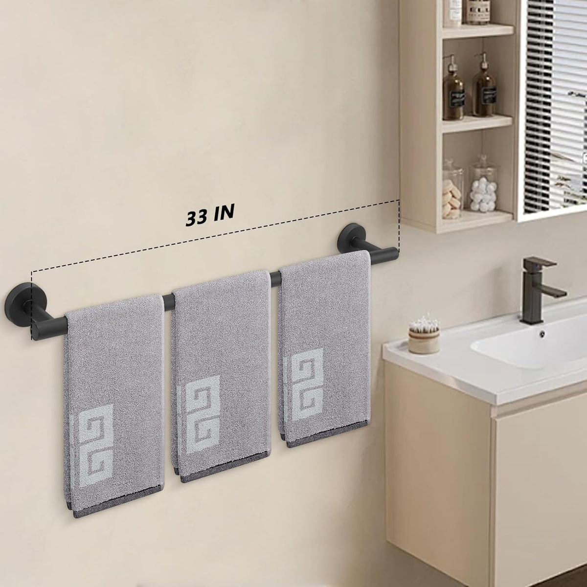 NearMoon Bath Towel Bar, Bath Accessories Thicken Stainless Steel Shower Towel Rack for Bathroom, Towel Holder Wall Mounted (1 Pack, Matte Black, 33 Inch)